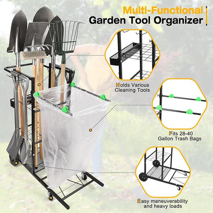 CAROD Mobile Trash Bag Holder and Tools Organizer Cart 2-in-1, Metal Cleaning Carts on 360° Wheels, Convenient Leaf Bag Holder Cleaning Cart for Leaves, Snow, Indoor-to-Outdoor Maintenance