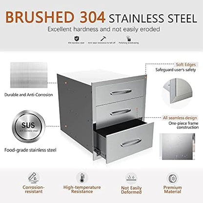 BBQ Outdoor Kitchen Drawers Stainless Steel 3-Drawer Enclosed Built-in Flush Mount for Outdoor Kitchens & BBQ Islands, 18Wx23Dx21H