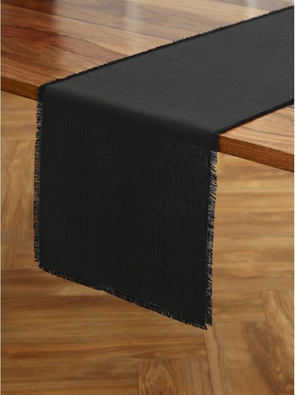 Solino Home Linen Black Table Runner 72 Inches Long - Fringe, 100% Pure Linen Dining Table Runner 14 x 72 Inch for Spring