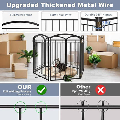 Full Metal Free Standing Dog Gate with Door for Indoor Outdoor, 144'' Extra Wide 36'' Tall Dog Gate for Doorways,Large Openings,Decks,Freestanding Portable Pet Fence(6 Panels,Black)