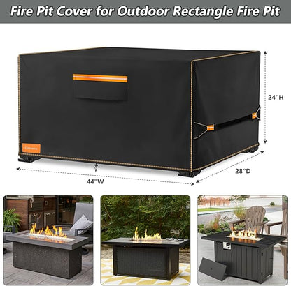 Fire Pit Cover,Outdoor Heavy Duty 600D 100% Waterproof Fire Pit Cover Rectangular,Weatherproof Firepit Covers Rectangle 44" L x 28" W x 24" H,Black