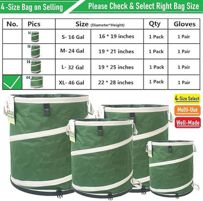46-Gallon Collapsible Trash Can (22x28 in) Hard-Shell Bottom Yard Garden Bag,Big Leaf Bag,Yard Waste Bag,Debris Container,Pop-Up Recycling Bin,Camping Waste Bin,Laundry Hamper,Lawn Grass,Weeds Barrel