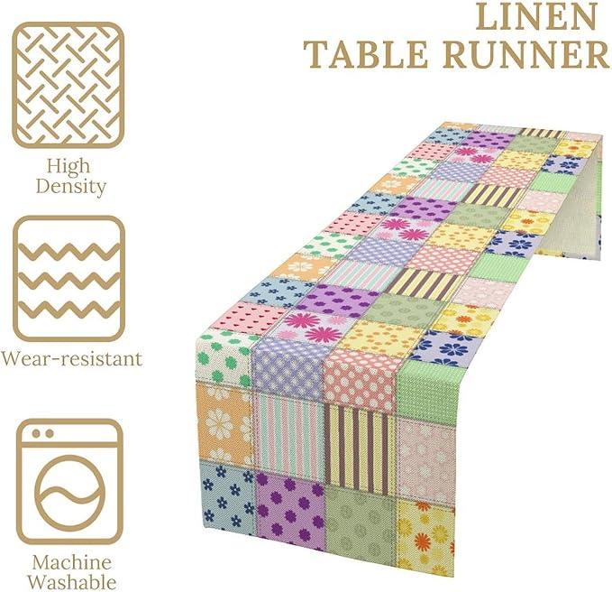 Patchwork Table Runner, Vintage Colorful Floral Plaid Tablecloth Table Runner for Indoors Outdoor Dining Kitchen Home Party 13x90in