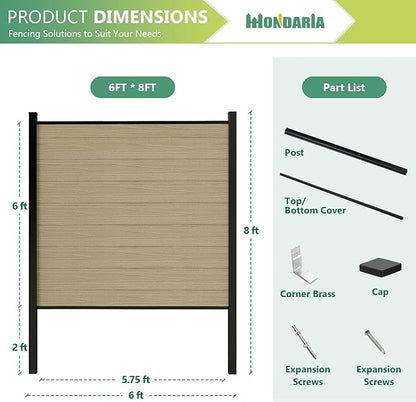Mondaria Fence Privacy Screen with 8ft In-ground Posts, 6ft(H) x 6ft(W) Wood Plastic Composite Fence Panels Weather-Resistant Outdoor Fence for Backyard/Garden (Ancient Wood, 2 Posts)