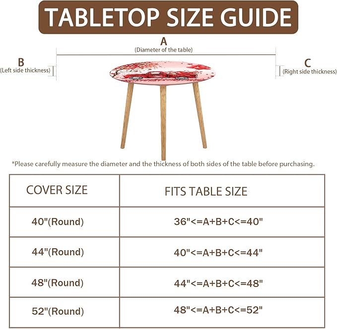 Valentines Day Round Fitted Tablecloth with Elastic Pink Red Heart Circle Table Cloth for 44-48" Round Tables Wipeable Waterproof Washable Gnome Truck Valentine Table Cover for Dining Picnic Party