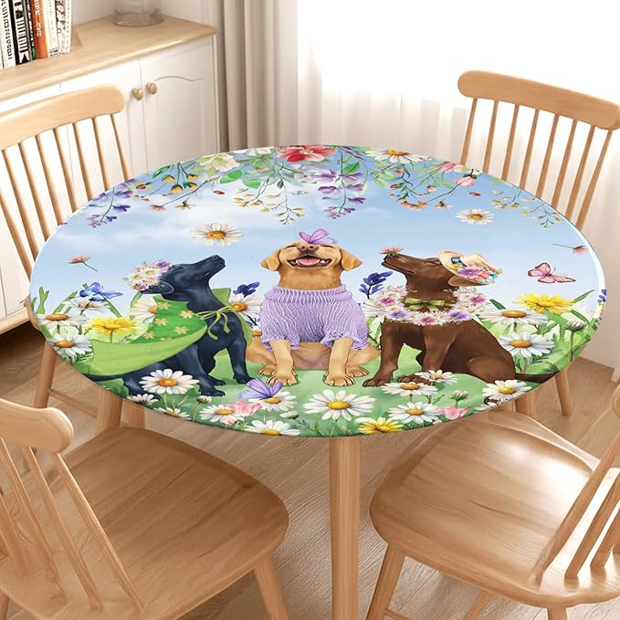 Spring Dogs Round Fitted Tablecloth with Elastic Colorful Floral Farmhouse Easter Circle Table Cloth for 40-44" Tables Wipeable Waterproof Outdoor Wildflowers Puppy Table Cover for Party Picnic Dining