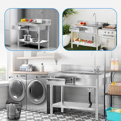 Utility Sink, Commercial Kitchen Stainless Steel Sink, 39.5'' Free Standing Single Bowl Sink with Drawer & Cold and Hot Water Pipe for Kitchen Laundry Room Farmhouse Indoor and Outdoor