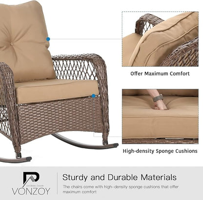 Patio Furniture Set 3 Pieces, Wicker Outdoor Rocking Bistro Set, Khaki | VONZOY - Image 5