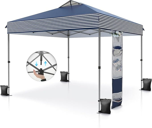 PHI VILLA 10x10 Pop Up Canopy Tent - One Push Setup, Instant Shade Tent with Vented Roof for Beach & Events - Includes Storage Bag, Sandbags, Stakes & Ropes (Navy Stripe)