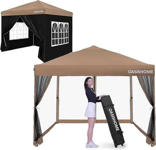 OASISHOME Pop-up Gazebo Instant Portable Canopy Tent 10'x10', with 2 Styles Sidewalls,Netting, Windows, Wheeled Bag, for Patio/Outdoor/Wedding Parties and Events
