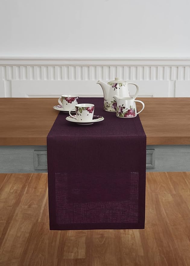 Solino Home Linen Chambray Burgundy Table Runner 132 Inches Long - Athena, 100% Pure Linen 14 x 132 Inch Table Runner for Valentines