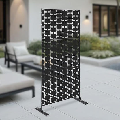 Outdoor Metal Privacy Screen with Stand, 35.4" W x 75" H Freestanding Metal Slatted Decorative Privacy Screen and Panels for Patio Garden Balcony Porch (Black Rectangular)