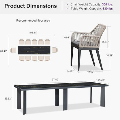 PURPLE LEAF 13 Pieces Patio Dining Set Aluminum Modern Rectangular Table and Rattan Arm Chairs with Cushions for Kitchen Porch Garden Outdoor Furniture Sets, Dark Grey