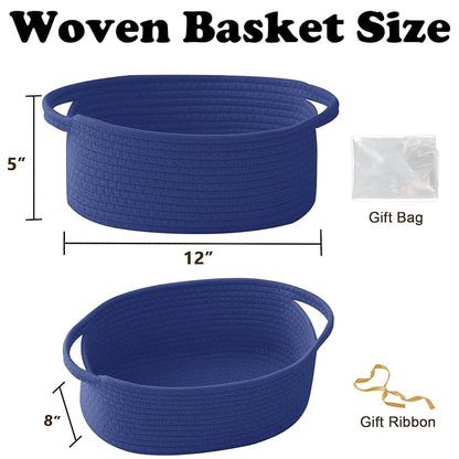 Gift Basket with Gift Bag and Ribbons,Small Rope Woven Shelf Storage,Baskets for Gifts Empty,Birthday,Baby Shower,Decorative Organizer Box with Handles(Royal Blue)