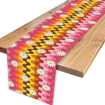 70s Table Runner, Retro Groovy Hippie Daisy Floral Pink Yellow Wave Funky Trippy Coffee Table Center Decor for Home Kitchen Dining Patio Holiday Party Indoor Outdoor Table Decorations, 13"x108" Inch