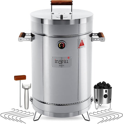 3-in-1 Stainless Steel Smoker Barrel Grill – Portable Charcoal BBQ with Thermometer, 25 lbs Outdoor Cooking Smoker for Camping, Backyard & Home BBQ INGRILL