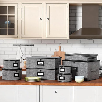 Aokeyee China Storage Containers Hard Shell 8 Piece, Mug, Wine Glass, Utensils, Plate Storage Containers w/Lid, Soft Dividers Felt Pads, Handles, Stackable Storage Organizer for Moving, Party, Grey