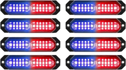 ASPL 8pcs Sync Feature Ultra Slim 12-LED Surface Mount Flashing Strobe Lights for Truck Car Vehicle LED Mini Grille Light Head Emergency Beacon Hazard Warning Lights (Red/Blue)