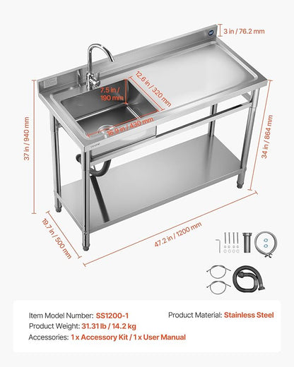 VEVOR Stainless Steel Utility Sink, Free Standing Single Bowl Commercial Kitchen Sink with Faucet, Utility Right Basin Workbench with Hot & Cold Water Pipe for Garage Restaurant Laundry, 47x19.7x37 in