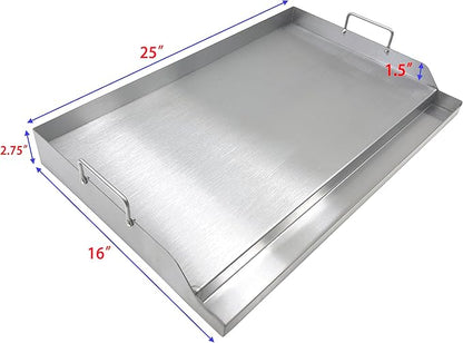 Direct Store Parts DS127 Stainless Steel BBQ Cooking Griddle, Universal Flat Top Griddle with 2 Handles for Most Gas Grills, W25"×D16"×H2.75", Heavy Duty Stainless Steel Griddle 1pc, Large size