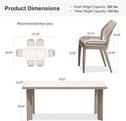 PURPLE LEAF 7 Pieces Patio Dining Set Aluminum Modern Rectangular Table and Wicker Chairs with Cushions for Kitchen Porch Garden Outdoor Furniture Sets, Champagne