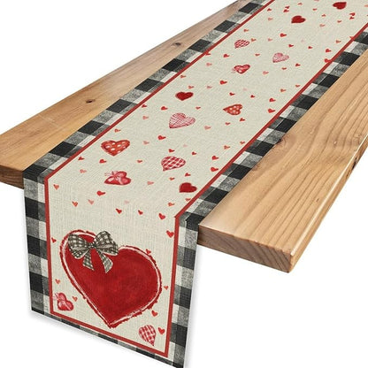 Valentines Day Table Runner,Vintage Red Black Heart Buffalo Plaid Valentines Decor for Table Seasonal Lovely Decor for Indoor Outdoor Dining Table Decorations, 13"x72"
