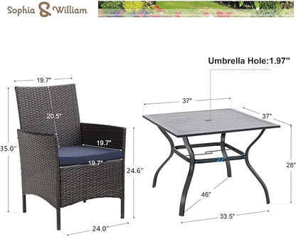Sophia & William 5 Pieces Patio Dining Set with 9 ft Beige Patio Umbrella, Outdoor PE Rattan Chairs and Square Metal Table Set with Cushions and 1.57" Umbrella Hole for Backyard Porch Poolside