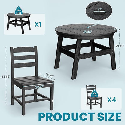5 Piece Round Outdoor Dining Set, Relaxing HDPE Outdoor Table and Chairs with 105° Ergonomic Backrest, All-Weather Patio Table and Chairs Set with Umbrella Hole for Porch, Poolside, Black