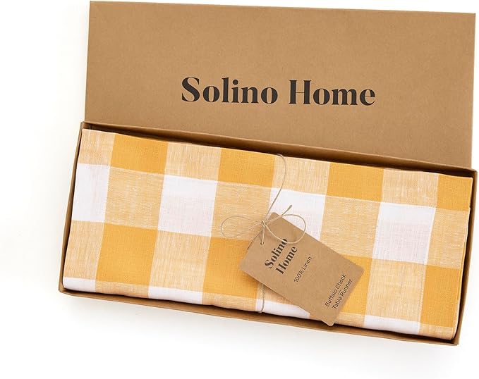 Solino Home Linen Checkered Table Runners 72 Inches Long - 100% Pure Linen Mustard and White Buffalo Check Table Runner 14 x 72 Inch Ideal for Dresser, Spring, Easter