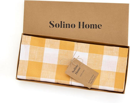 Solino Home Linen Checkered Table Runner 156 Inches Long - 100% Pure Linen Mustard and White Buffalo Check Extra Long Table Runner 14 x 156 Inch Ideal for Dining, Spring, Easter