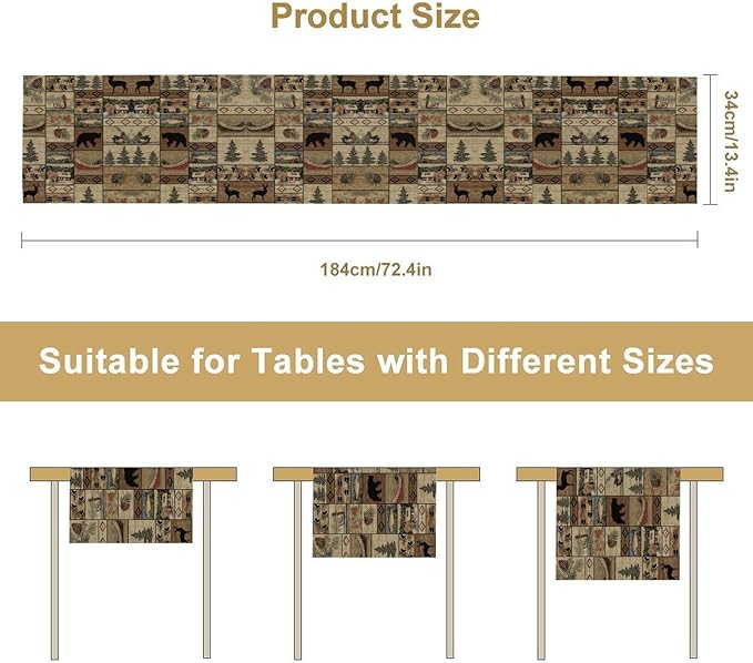 Wildlife Bear Table Runner, Rustic Cabin Animal Farmhouse Table Runner for Home Kitchen Dining Table Party Home 13x120in
