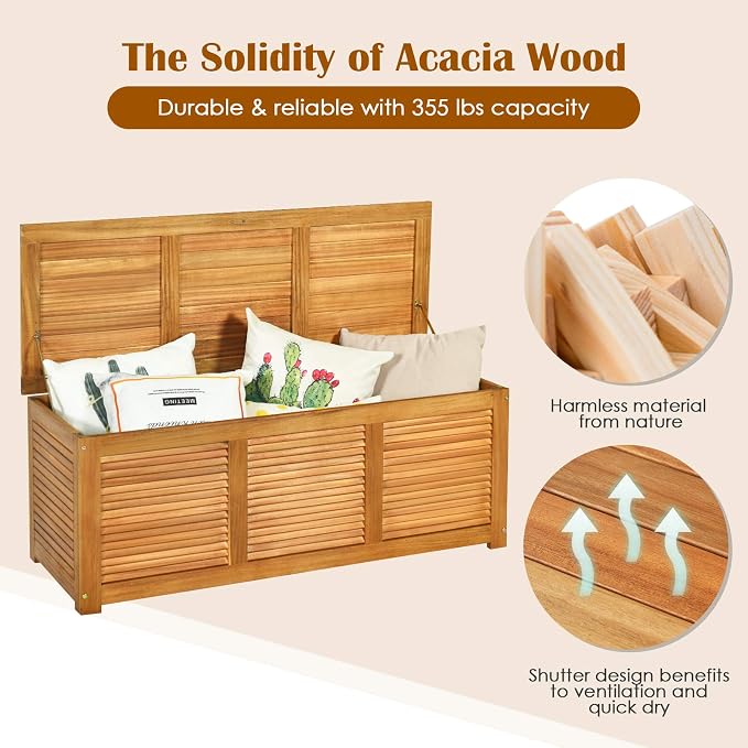 DREAMADE 47 Gallon Deck Box, Acacia Wood Outdoor Storage Bench, Natural | Patio - Image 5
