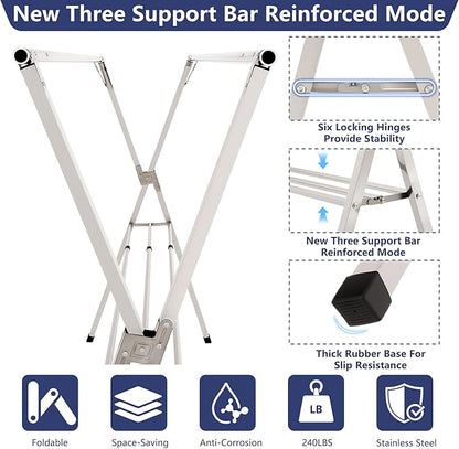 95 inches Foldable Clothes Drying Rack, Heavy Duty Stainless Steel Laundry Drying Rack for Indoor Outdoor, Clothes Rack Adjustable Length. 3 Additional Reinforcement Bars with 20 Windproof Hooks