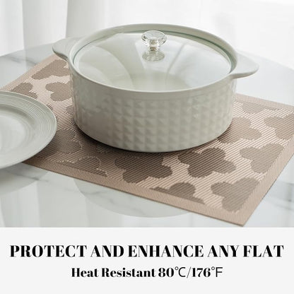 Placemats Set of 8 Vinyl/Plastic Woven Place Mats for Kitchen Table Indoor/Outdoor Washable Placemat Wipeable Dining Table Mats (Dark Brown Clover,8)