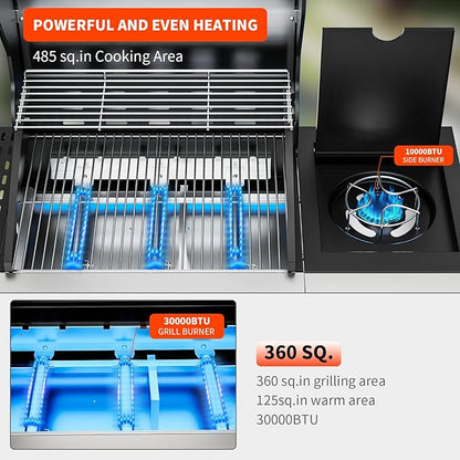 3-Burner Propane Gas BBQ Grill with Side Burner, 40,000 BTU Stainless Steel Propane Grill with Wheels and Storage,Outdoor Cooking Grill for Barbecue, Patio and Camping