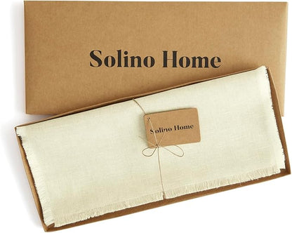 Solino Home Fringe Linen Table Runner 48 Inches - 100% Pure Linen Creamy Ivory Table Runner 14 x 48 Inch Ideal for Dresser and Coffee Tables - Spring, Easter