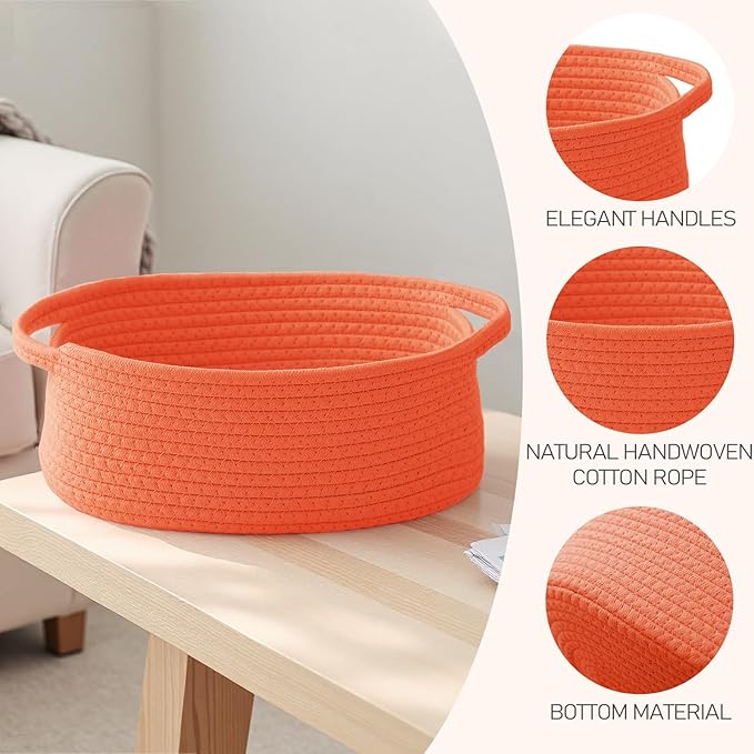 Woven Basket,Small Rope Storage Bin with Handles & Ribbon Bag, Organizer for Shelves Closets,Gift Basket Empty for Birthday,Books,Dog Toys, Orange/2 Pack