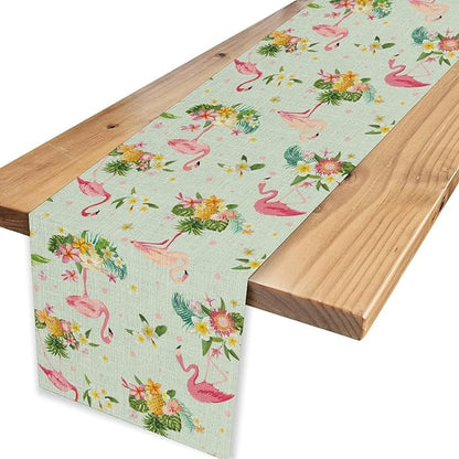 Tropical Flamingo Table Runner,Spring Summer Floral Dots Pineapples Hawaiian Luau Table Center Decor for Family Kitchen and Living Room Outdoor Farmhouse Party Table Decorations, 13"x90"