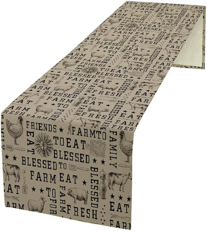 Farmhouse Animal Table Runner, Vintage Country Cow Chicken Sheep Pig Rustic Western Windmill Print Table Runner for Home Dining Kitchen Table Indoors Outdoors Party, 13x36inch