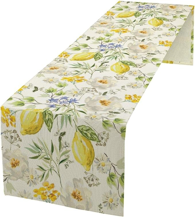 Vintage Lemon Blossom Table Runner Seasonal Spring Summer Floral Farmhouse Dining Table Decoration for Home Holiday Party Dresser Kitchen Cabin Restaurant Wedding Decor 13×36in
