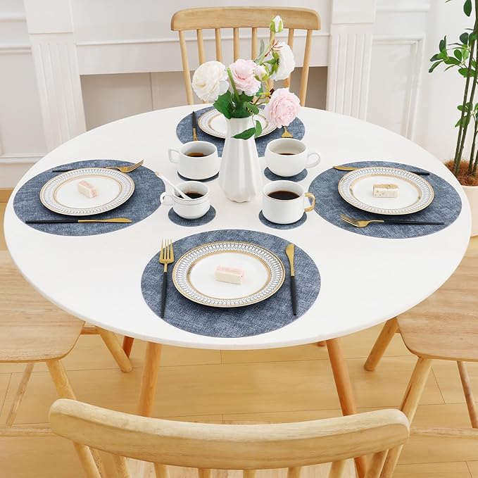 Homaxy Round Faux Leather Placemats and Coasters, Washable Dual-Side Table Mats, Wipeable Heat-Resistant Dining Place Mats for Outdoor and Indoor, Set of 4, Diameter 13 and 3.93 inch, Blue