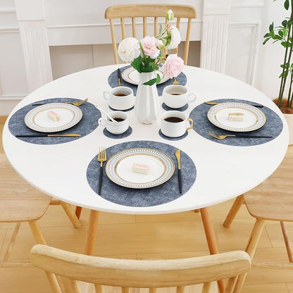 Homaxy Round Faux Leather Placemats and Coasters, Washable Dual-Side Table Mats, Wipeable Heat-Resistant Dining Place Mats for Outdoor and Indoor, Set of 4, Diameter 13 and 3.93 inch, Blue