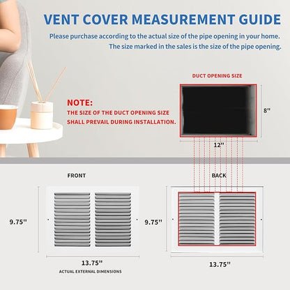 12x8 Vent Cover (Duct Opening Size), Air Return Vent Cover, AC Vent Cover, Cold Air Return Vent Cover, Flat Return Air Grilles, Outer Dimensions:13.75"W x 9.75"H (12"W x 8"H, Duct Opening)