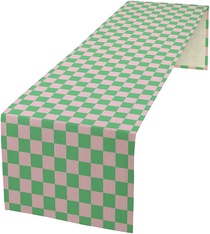Retro Checkered Table Runner, Cute Pink Green Checkerboard Vintage Hippie Modern Aesthetic Table Runner for Party Kitchen Dining Home Outdoor Banquet 13x70in
