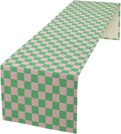 Retro Checkered Table Runner, Cute Pink Green Checkerboard Vintage Hippie Modern Aesthetic Table Runner for Party Kitchen Dining Home Outdoor Banquet 13x108in