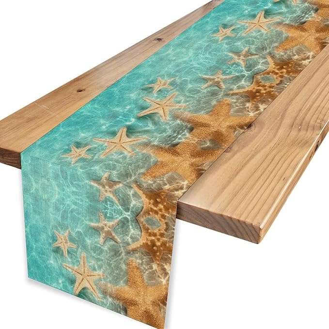 Summer Ocean Table Runner, Nautical Coastal Starfish Beach Seashell Ocean Seasonal Coffee Table Center Decor for Home Kitchen Dining Patio Holiday Party Table Decorations 13"x36"