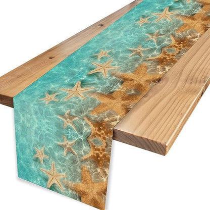 Summer Ocean Table Runner, Nautical Coastal Starfish Beach Seashell Ocean Seasonal Coffee Table Center Decor for Home Kitchen Dining Patio Holiday Party Table Decorations 13"x72"