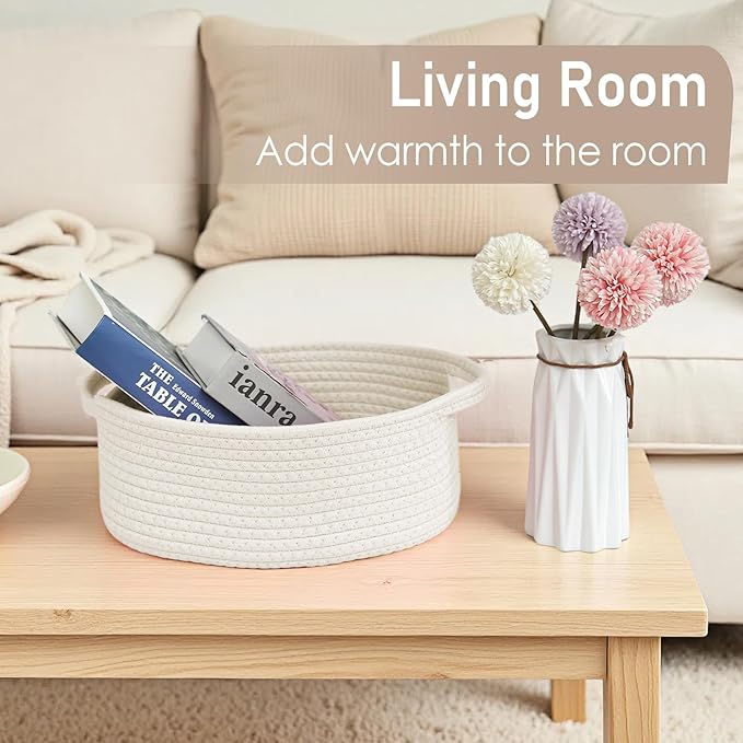 Woven Basket,Small Rope Storage Bin with Handles & Ribbon Bag, Organizer for Shelves Closets,Gift Basket Empty for Birthday,Books,Dog Toys,White/3 Pack