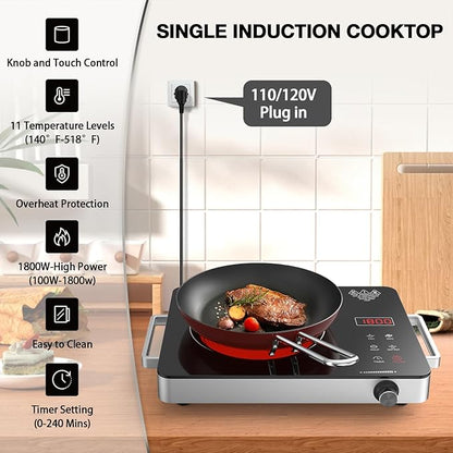 Portable Electric Cooktop 110V, 1800W Electric Stove Infrared Hot Plate with Knob Control, Nafewin Single Burner Countertop Burner with Handle, 4-Hours Timing Setting, Compatible for All Cookwares