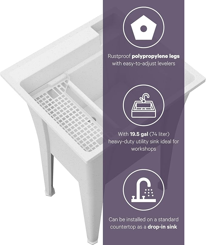 Freestanding Utility Sink with One Handle Chrome Faucet - 24" Plastic Utility Sink for Garage, Laundry, Indoor and Oudoor Use - Laundry Tub Kit by Noah William Home - White (19.5 gal)